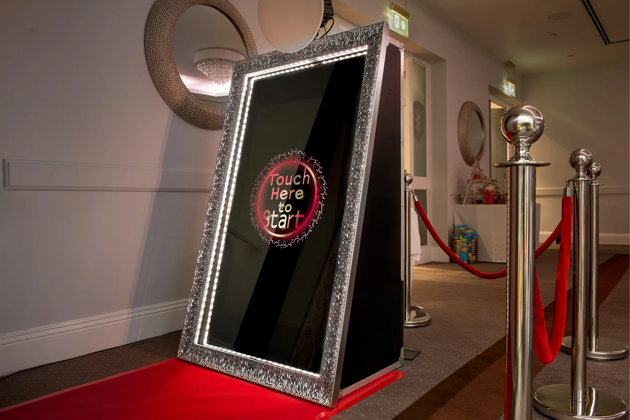 Here is a picture of our Mojo Photo Mirror. Put some Mojo into your wedding and book the Photo Mirror Package Here it's setup up for a wedding at Hensol Castle in Cardiff. South Wales