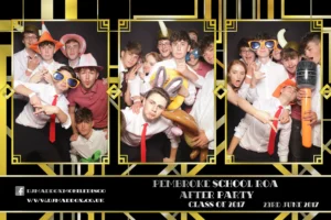 An art deco Gatsby photo booth templates encapsulates students taking selfies at a promenade party. The students are celebrating the grades they have achieved through hard work and dedication.